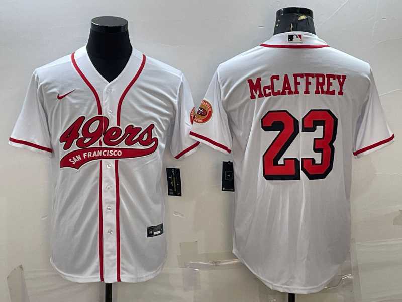 Men%27s San Francisco 49ers #23 Christian McCaffrey New White With Patch Cool Base Stitched Baseball Jersey